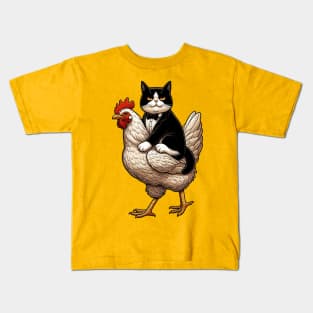 Tuxedo Cat Riding on A Chicken Kids T-Shirt